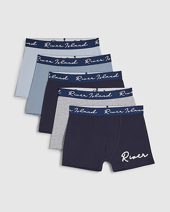 Boys Navy Script Pack Of 5 Boxers