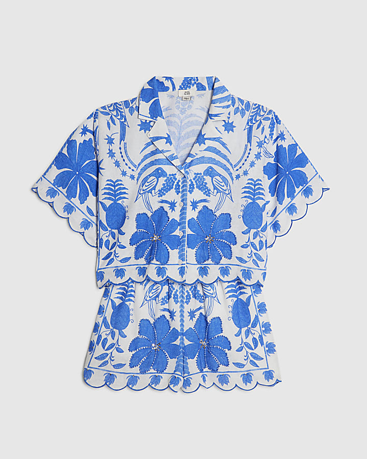 Girls Blue Parrot Shirt & Short Set