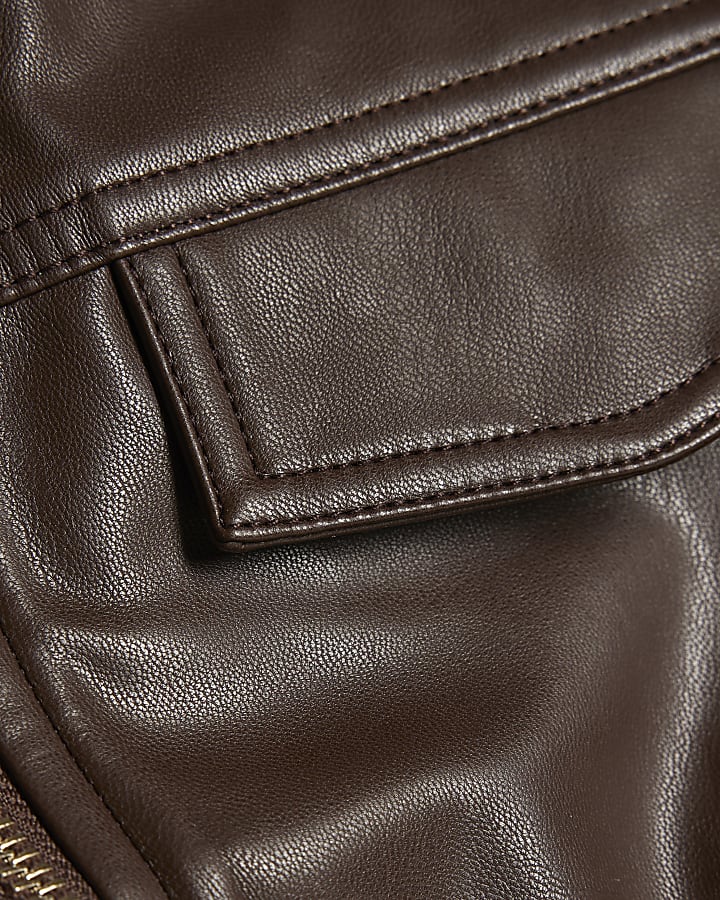 Girls Brown Faux Leather Peplum Bomber Jacket