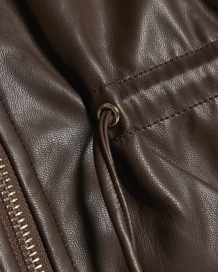 Girls Brown Faux Leather Peplum Bomber Jacket
