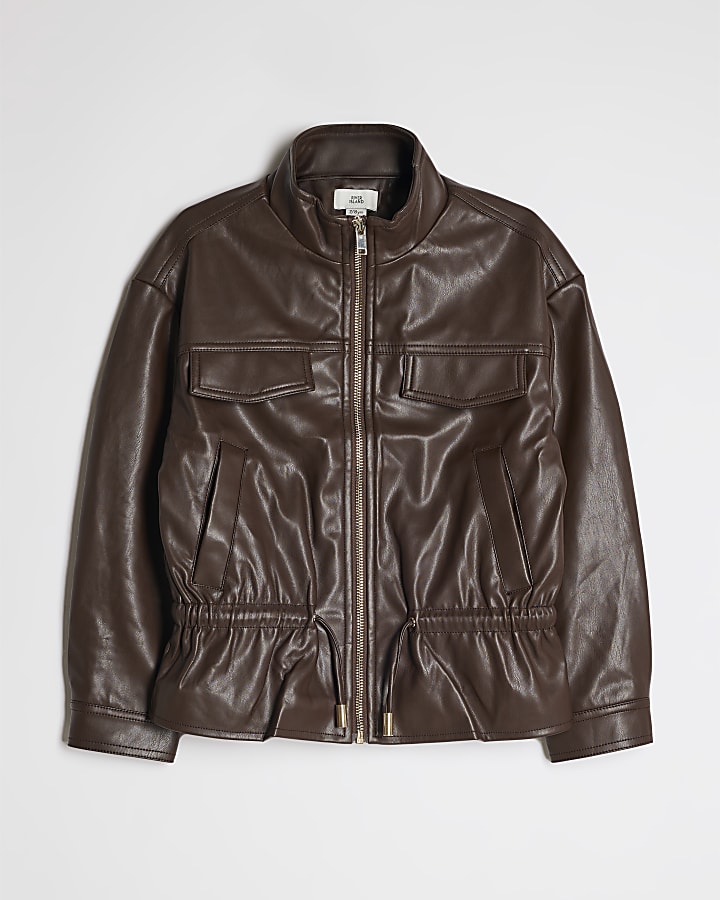 Girls Brown Faux Leather Peplum Bomber Jacket