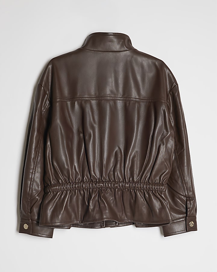 Girls Brown Faux Leather Peplum Bomber Jacket