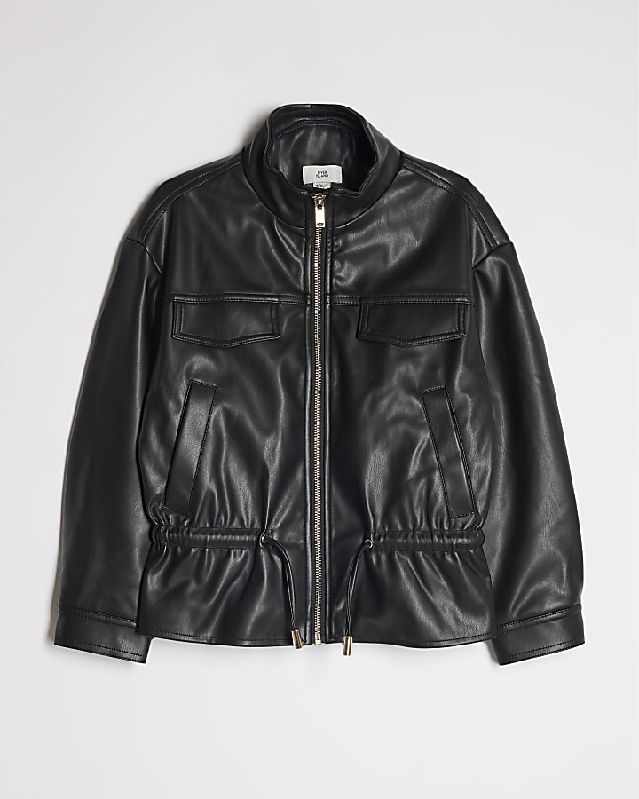 Girls Black Faux Leather Peplum Bomber Jacket