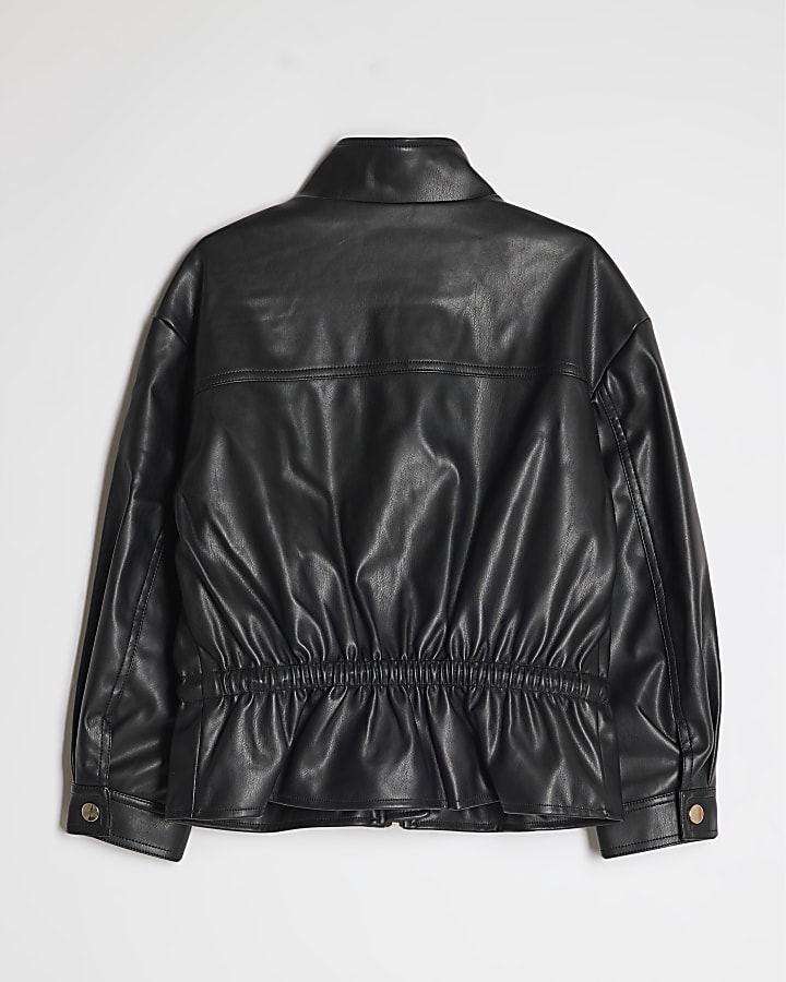 Girls Black Faux Leather Peplum Bomber Jacket