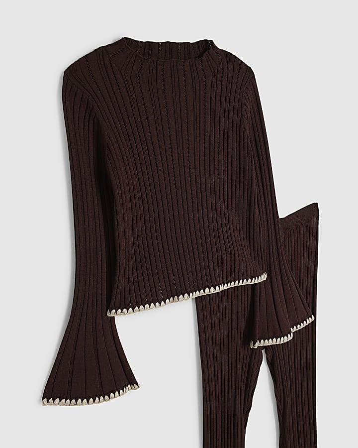 Girls Brown Whipstitch Top & Trouser Set