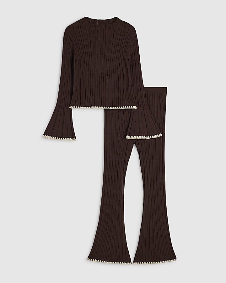Girls Brown Whipstitch Top & Trouser Set