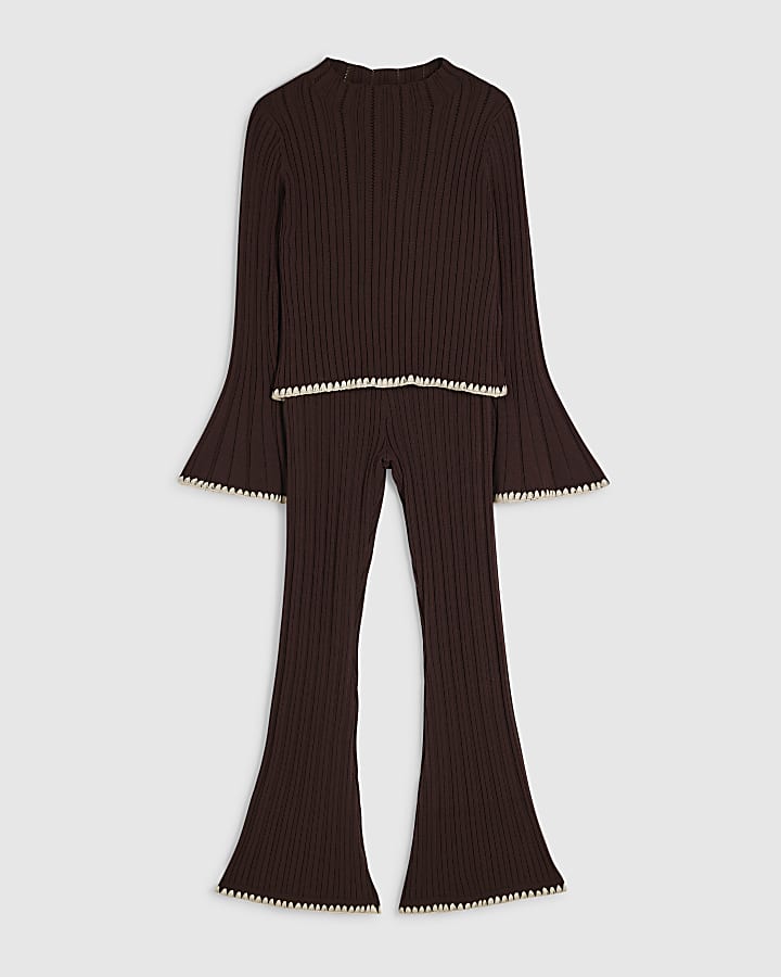Girls Brown Whipstitch Top & Trouser Set