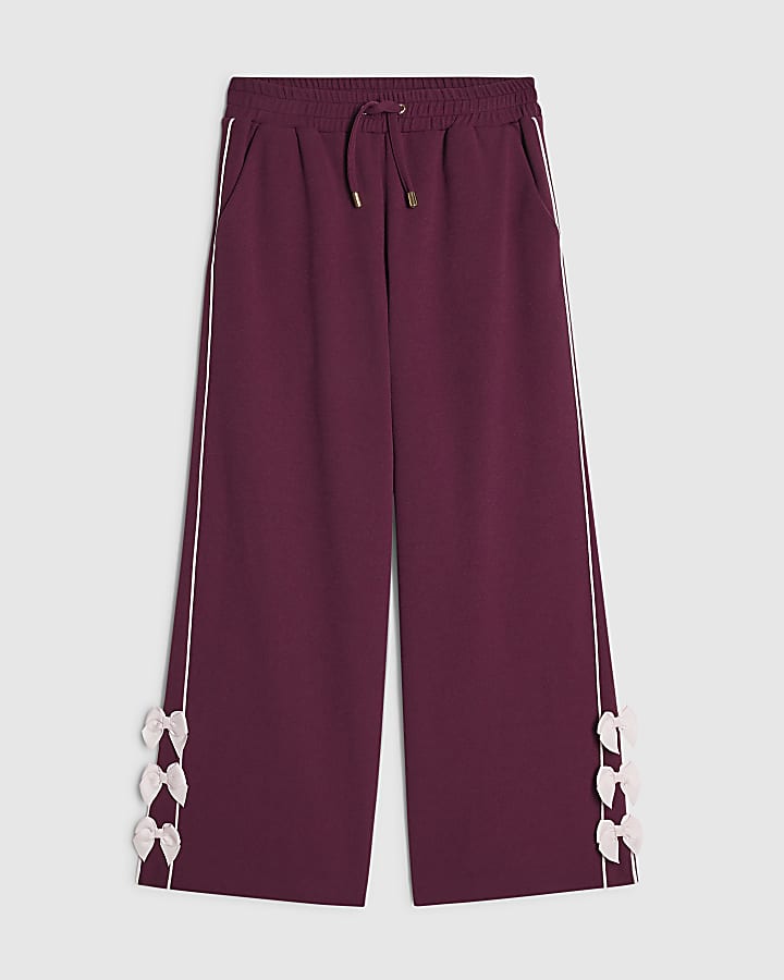 Girls Red Wide Leg Bow Side Stripe Trousers  