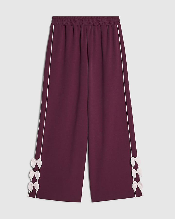 Girls Red Wide Leg Bow Side Stripe Trousers  