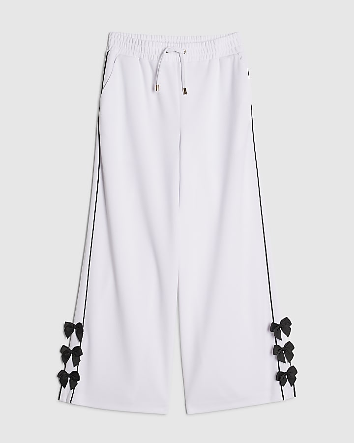 Girls White Wide Leg Bow Side Stripe Trousers