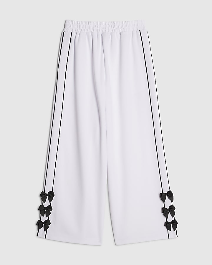 Girls White Wide Leg Bow Side Stripe Trousers