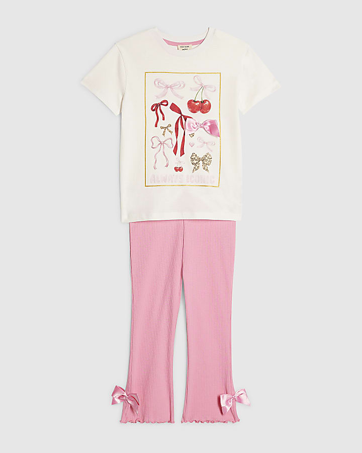 Mini Girls Cream Leopard Bow T-Shirt Set
