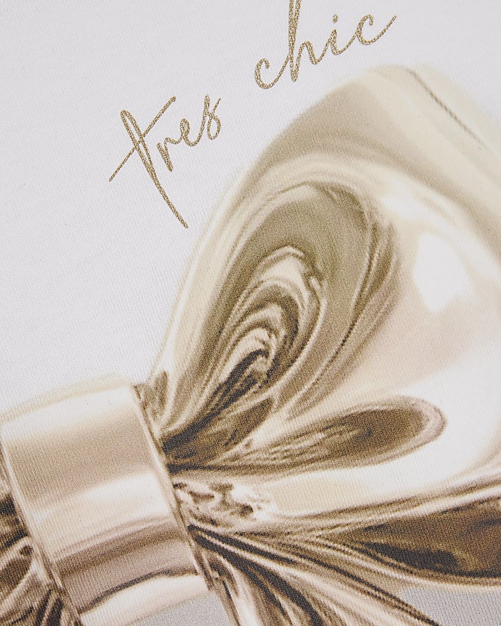 Mini Girls White Gold Bow Graphic T-Shirt Set