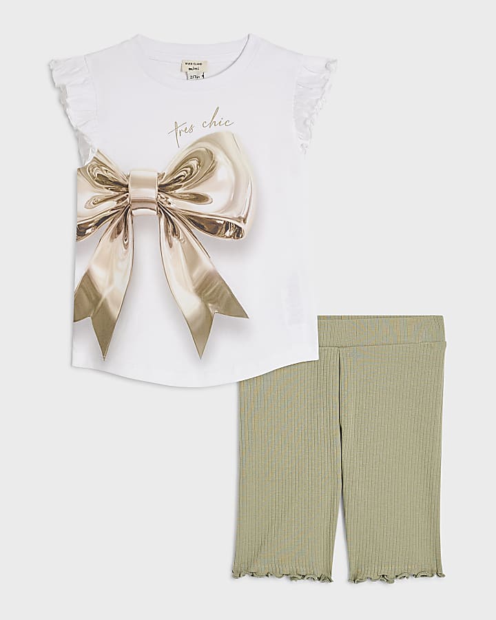Mini Girls White Gold Bow Graphic T-Shirt Set
