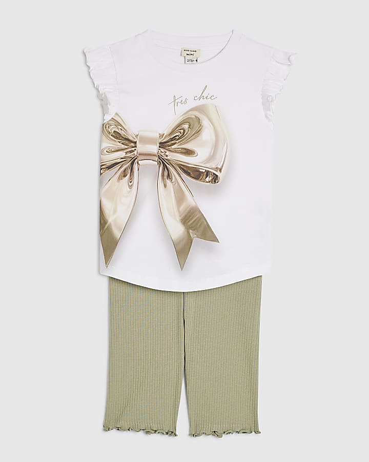 Mini Girls White Gold Bow Graphic T-Shirt Set