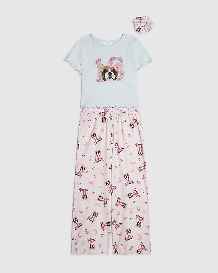 Girls Pink Ditsy Puppytooth Pyjamas Set
