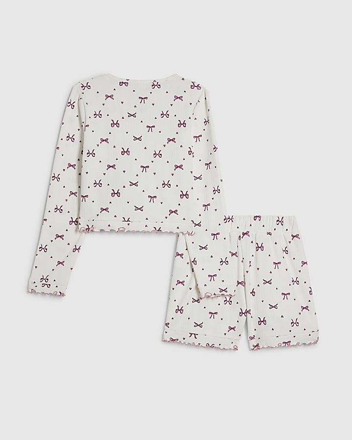 Girls White Bow Pointelle Cardigan Pyjamas