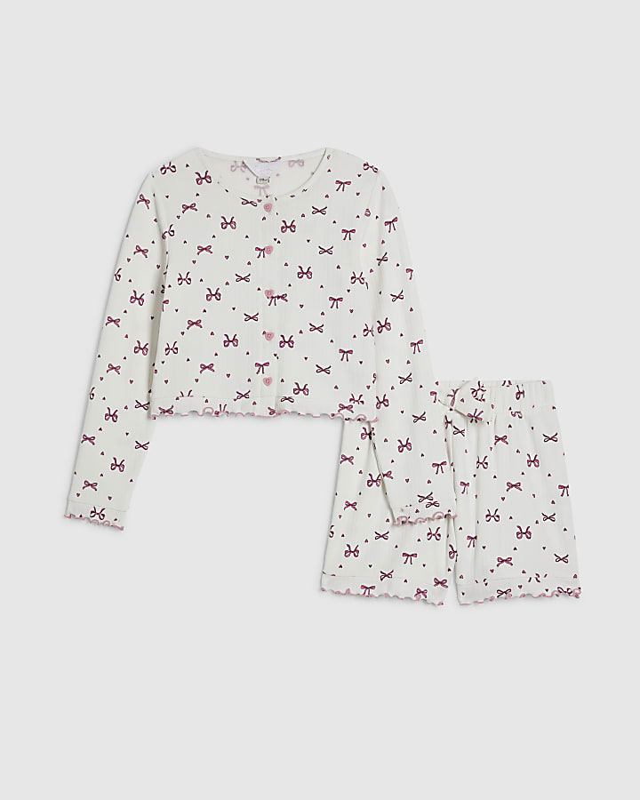 Girls White Bow Pointelle Cardigan Pyjamas