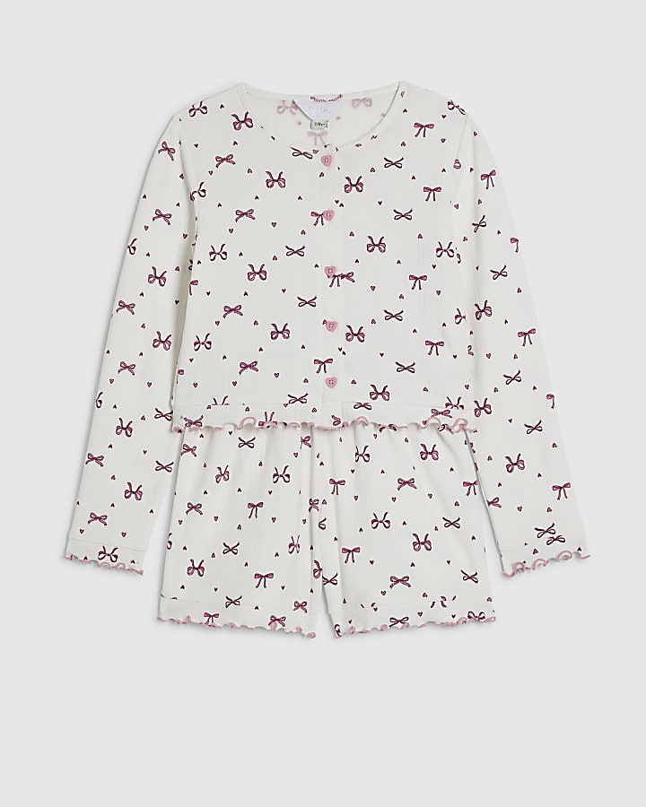 Girls White Bow Pointelle Cardigan Pyjamas