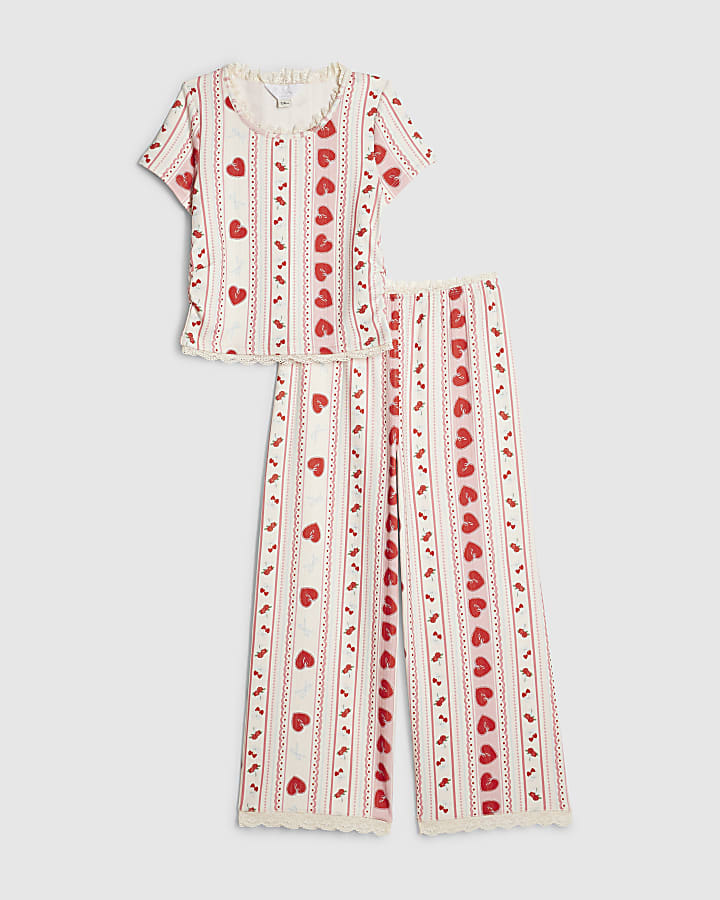 Girls Cream Heart Pointelle Pyjamas Set