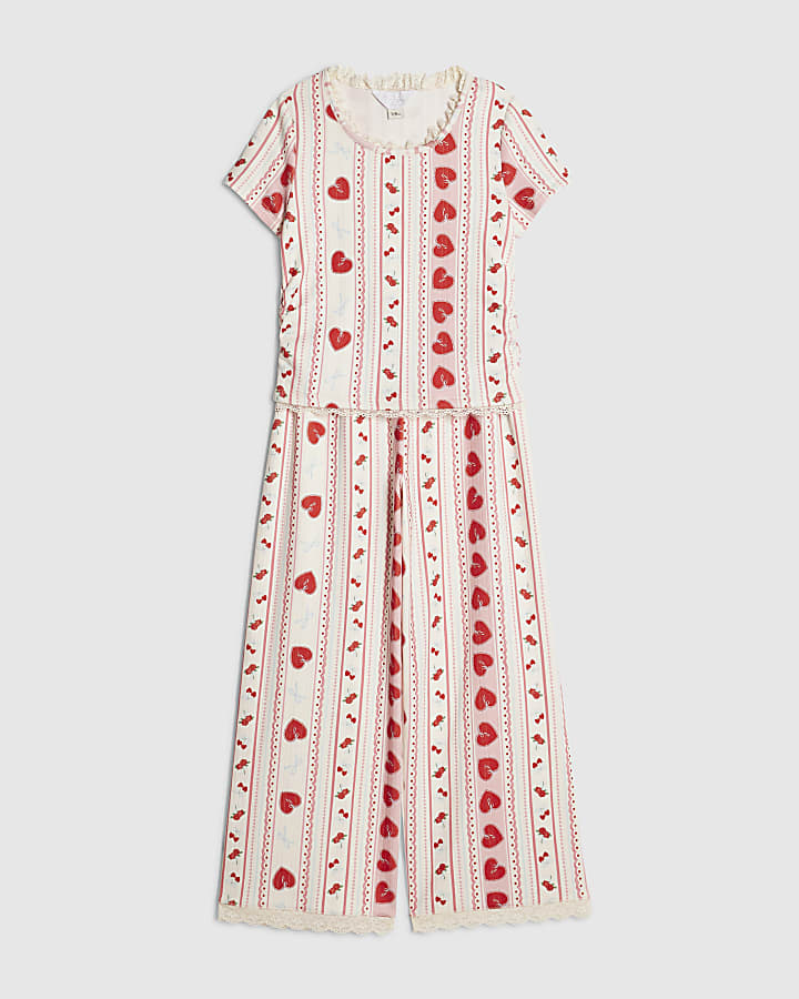 Girls Cream Heart Pointelle Pyjamas Set