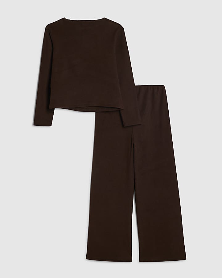 Girls Brown Long Sleeve Cosy Rib Top Set