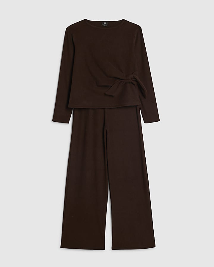 Girls Brown Long Sleeve Cosy Rib Top Set