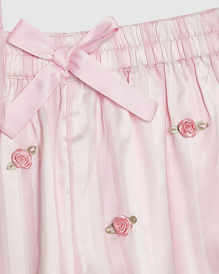 Girls Pink Satin Stripe 3D Rosebud Pyjamas