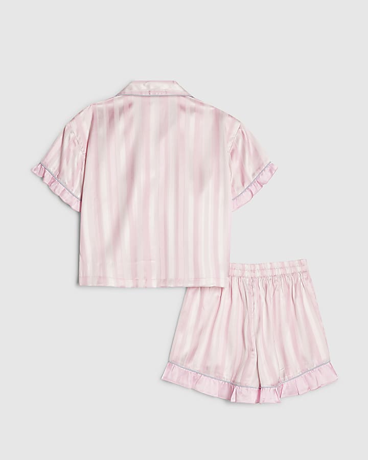 Girls Pink Satin Stripe 3D Rosebud Pyjamas