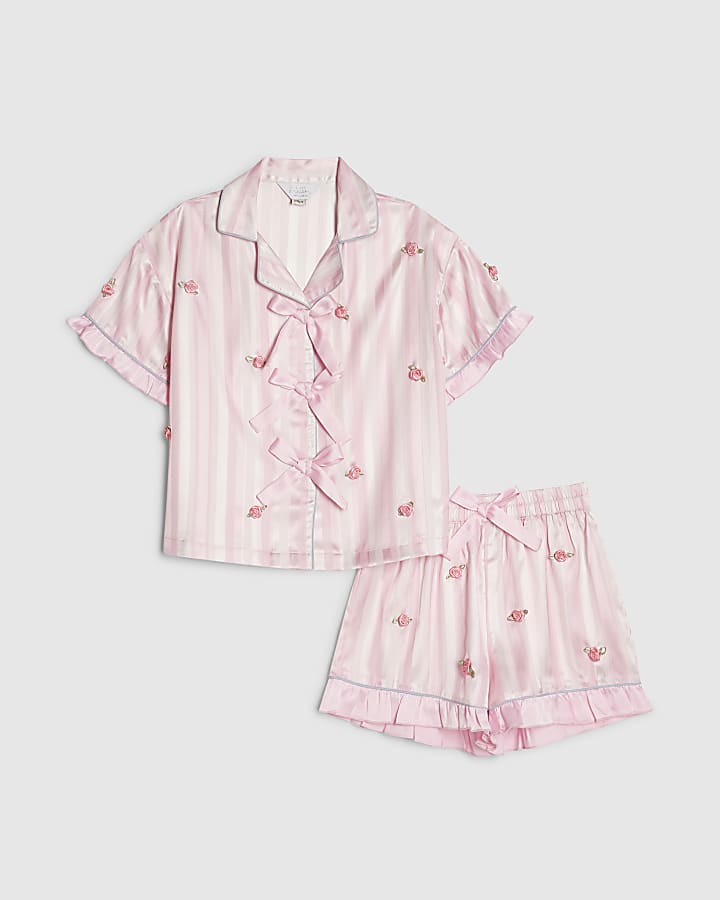 Girls Pink Satin Stripe 3D Rosebud Pyjamas