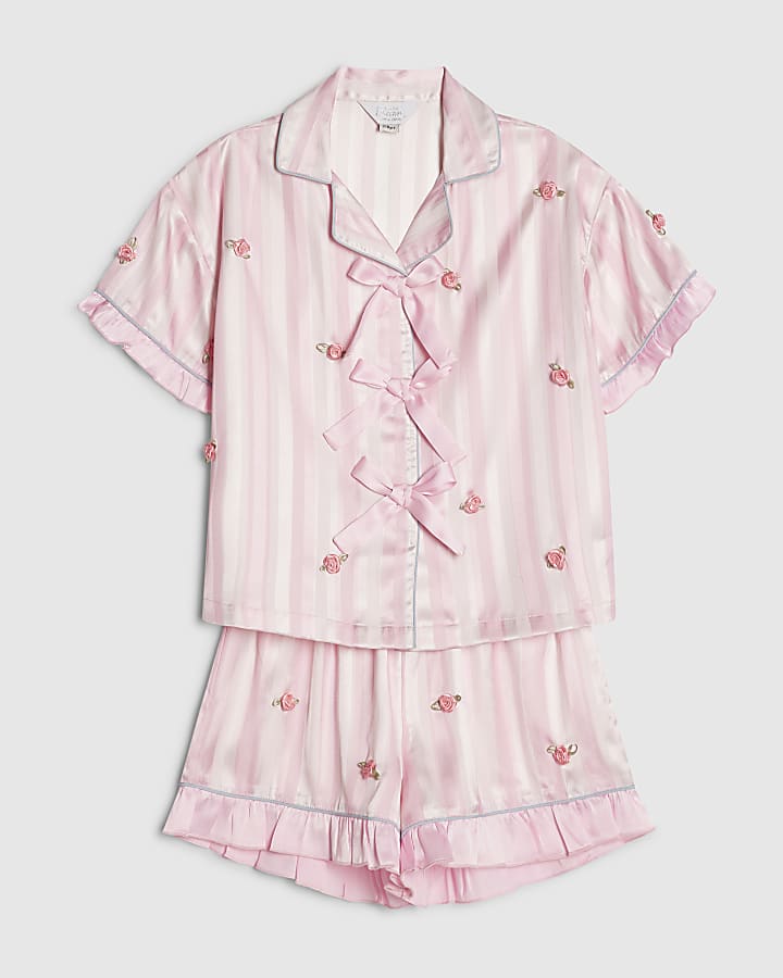 Girls Pink Satin Stripe 3D Rosebud Pyjamas