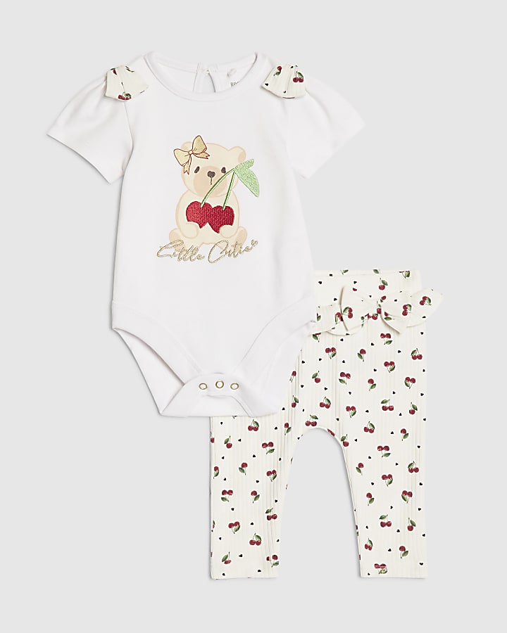 Baby Girls White Cutie Cherry Bear Top Set