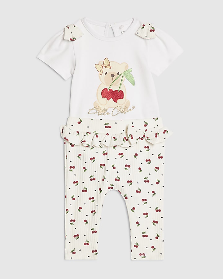 Baby Girls White Cutie Cherry Bear Top Set