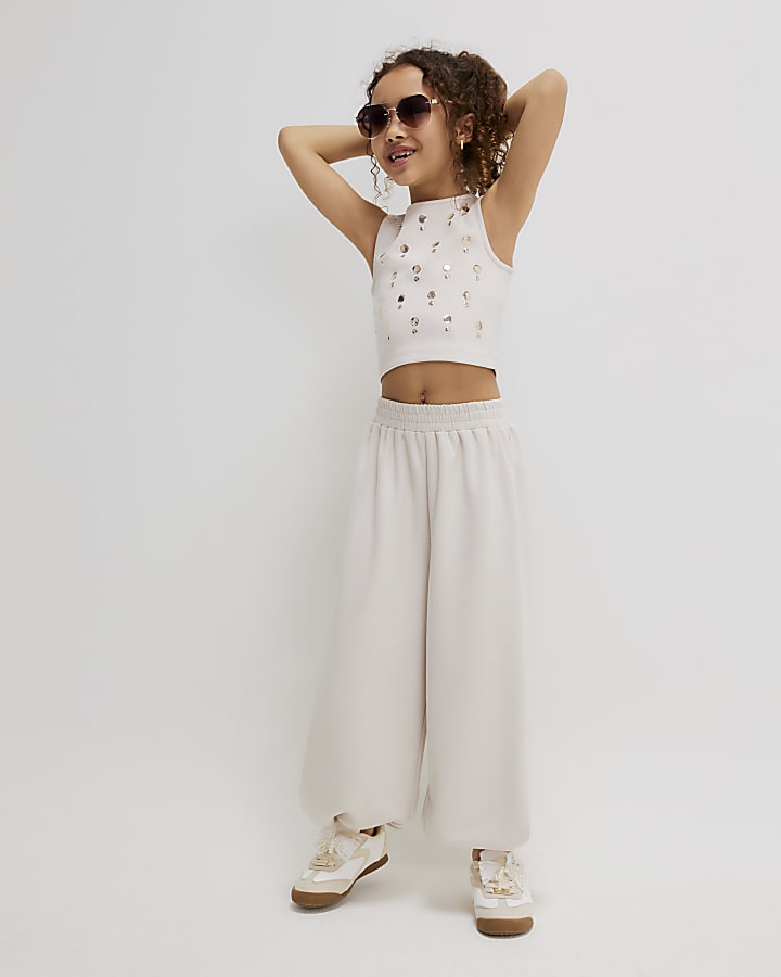 Girls Cream Stud Tank Top