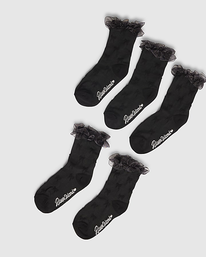 Girls Black Pack Of 5 Ankle Socks