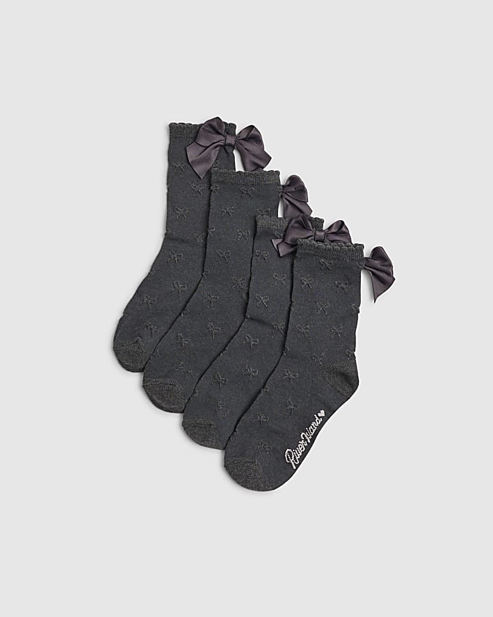 Girls Black Bow Back Pack of 2 Ankle Socks