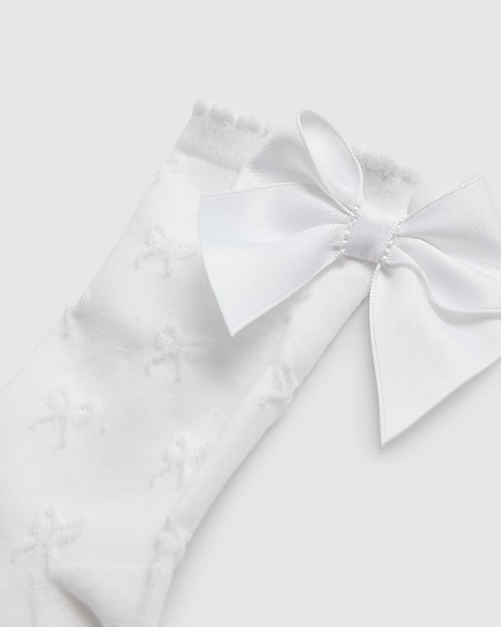 Girls White Bow Back Pack Of 2 Ankle Socks