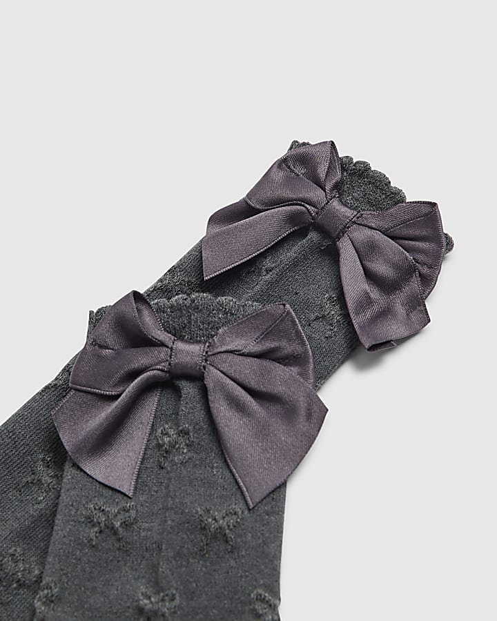 Girls Grey Bow Back Pack Of 2 Knee High Socks
