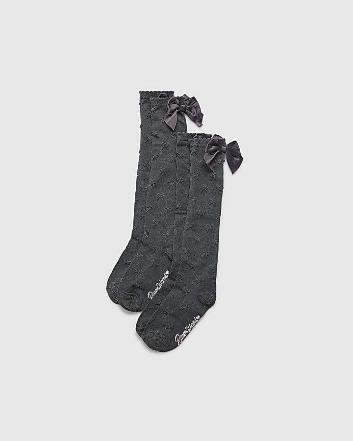 Girls Grey Bow Back Pack Of 2 Knee High Socks