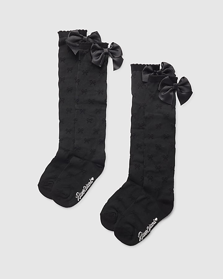 Girls Black Pack Of 2 Knee High Socks