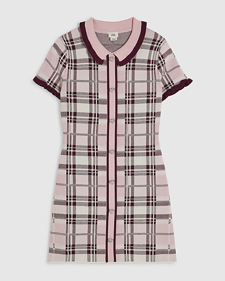 Girls Pink Check Column Dress