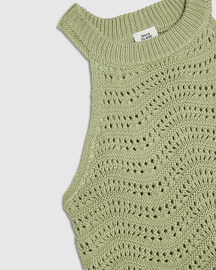 Girls Khaki Crochet Top & Trouser set