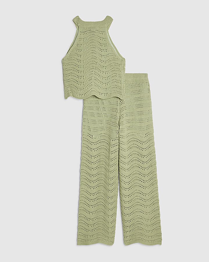 Girls Khaki Crochet Top & Trouser set