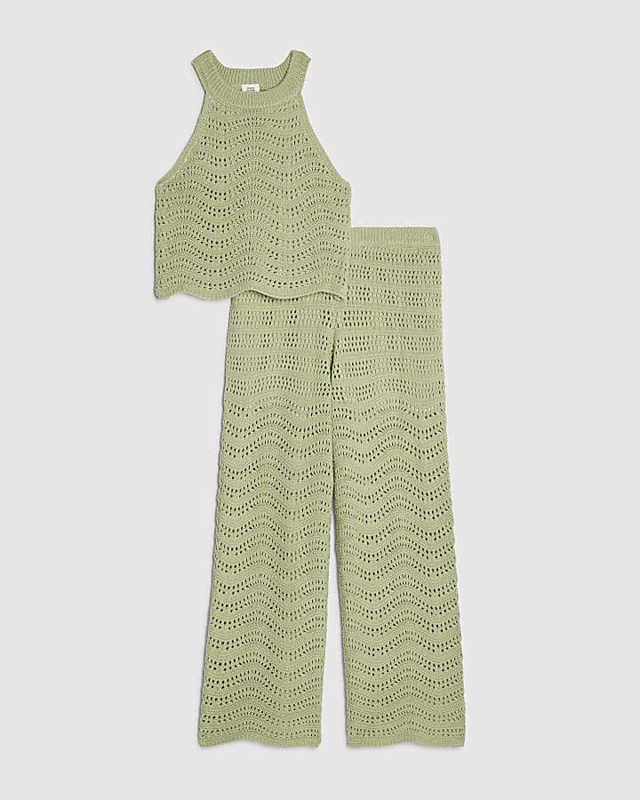 Girls Khaki Crochet Top & Trouser set