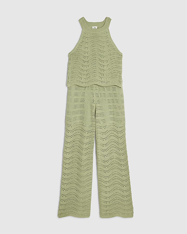 Girls Khaki Crochet Top & Trouser set