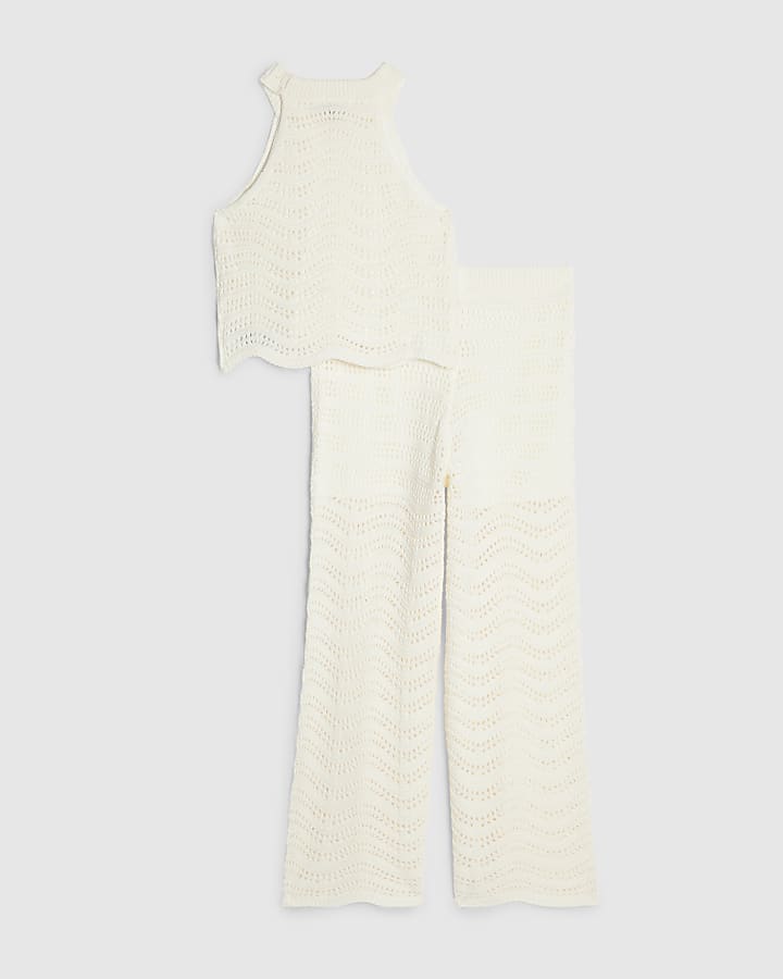Girls Cream Crochet Trouser Set