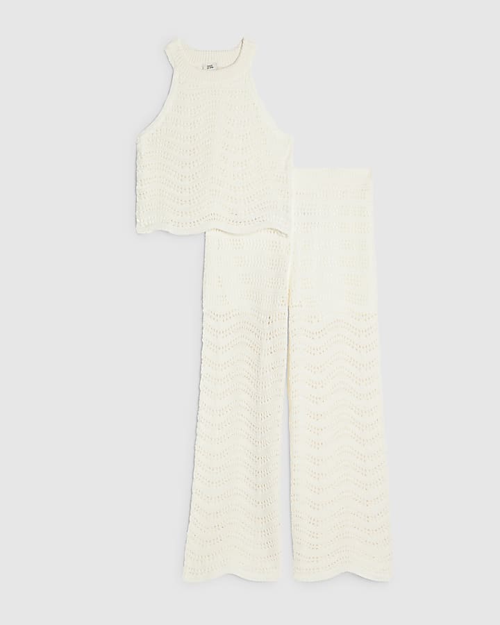 Girls Cream Crochet Trouser Set