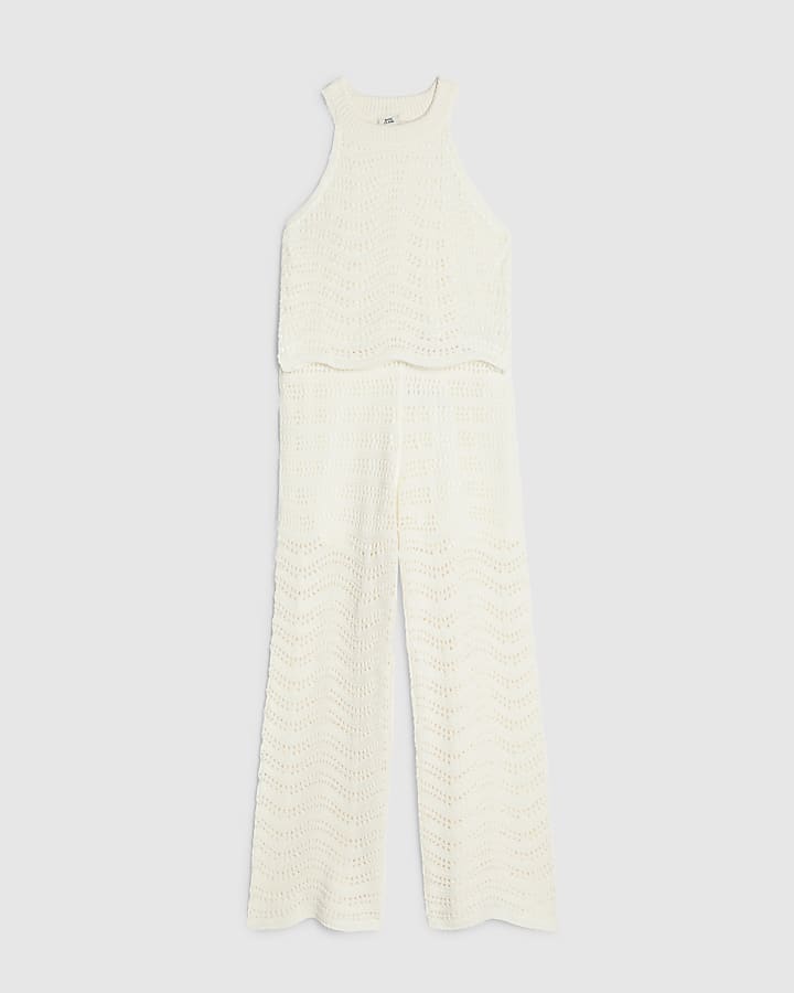 Girls Cream Crochet Trouser Set