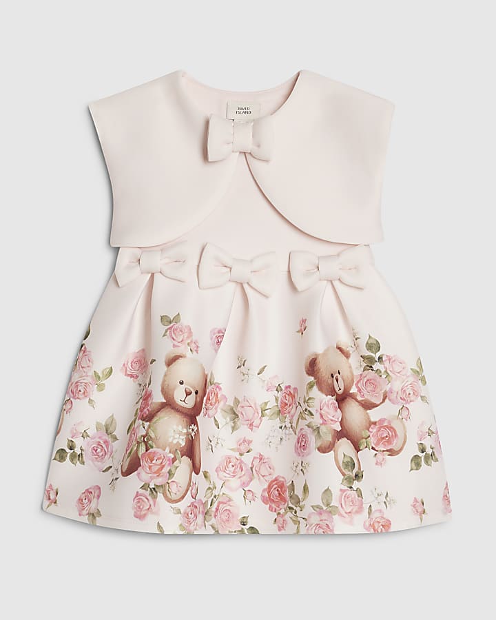 Baby Girls Pink Bear Bow Floral Dress