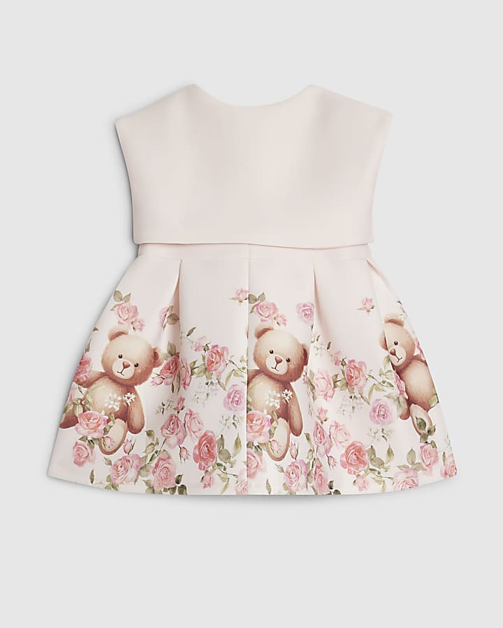 Baby Girls Pink Bear Bow Floral Dress